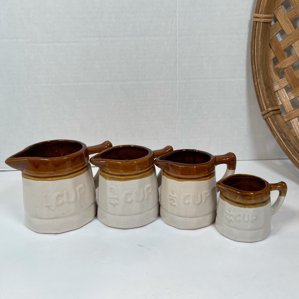 Vintage ROC Taiwan Stamped Stoneware Crockery Measuring Cups 4 piece set EUC